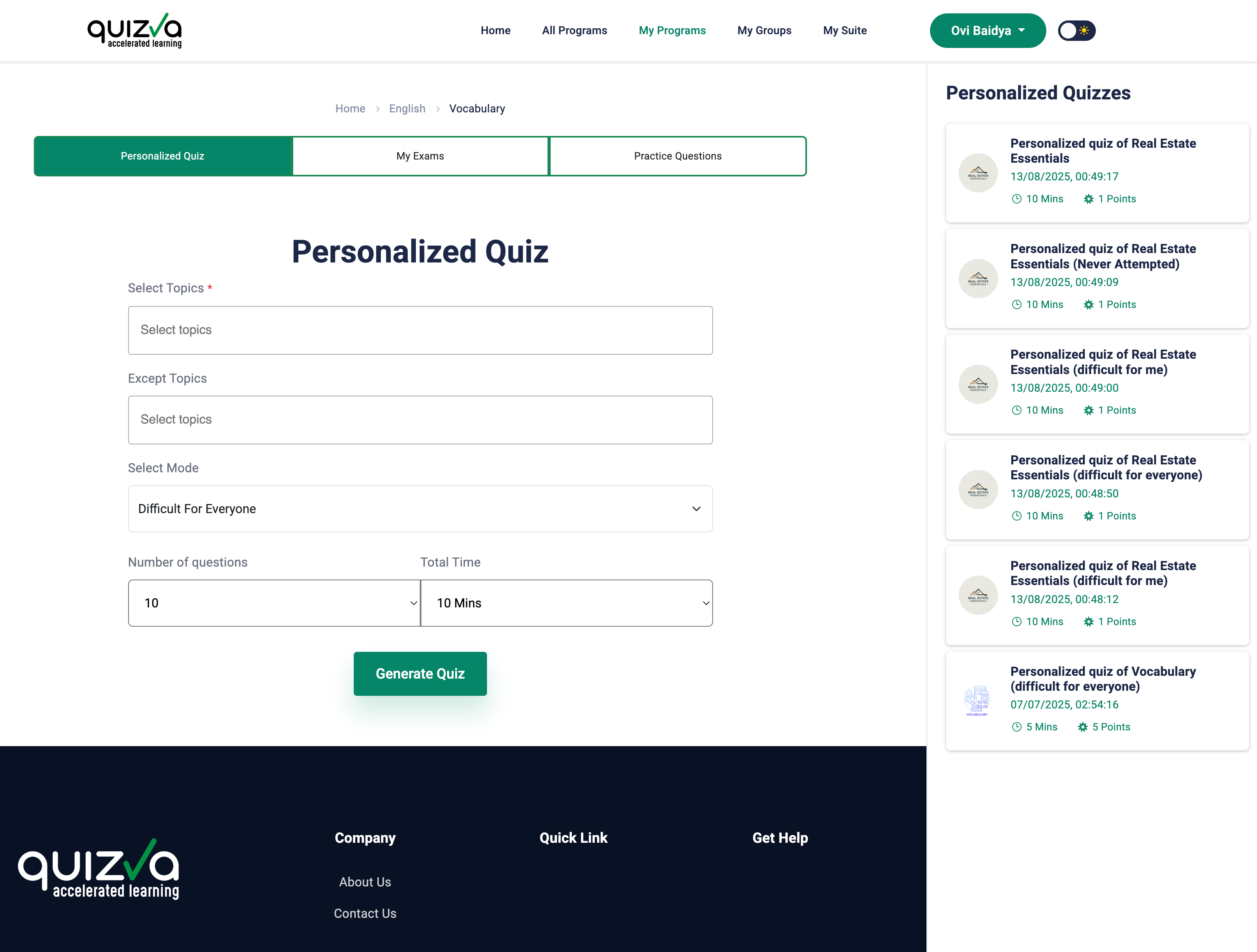 Personalized Quiz Screenshot
